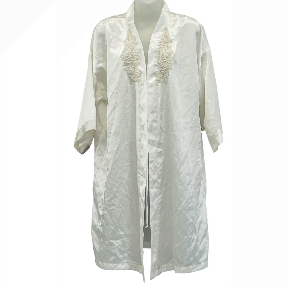 Dentelle‎ white ivory Satin Embroidered Kimono Robe Duster Full Length L bride